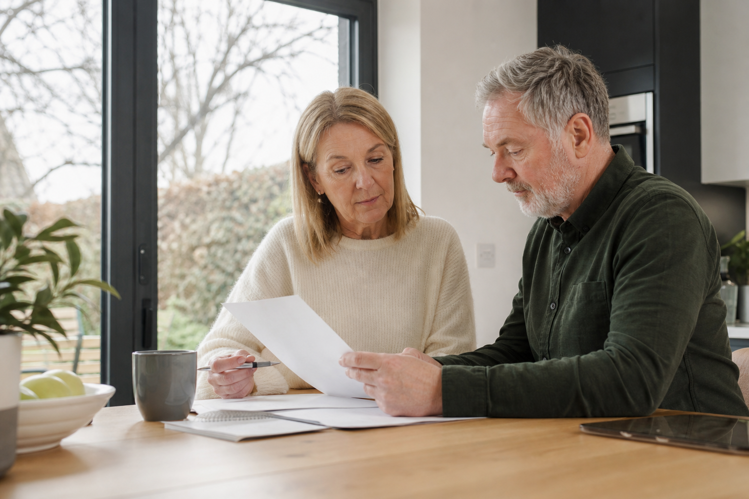 A couple reviewing their retirement budget together at home